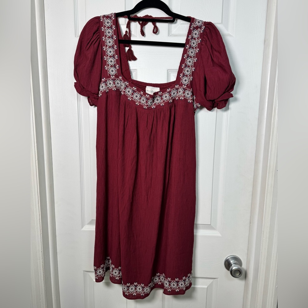Abercrombie Red Wine Embroidered Puff Sleeve Babydoll Mini Dress L Tall